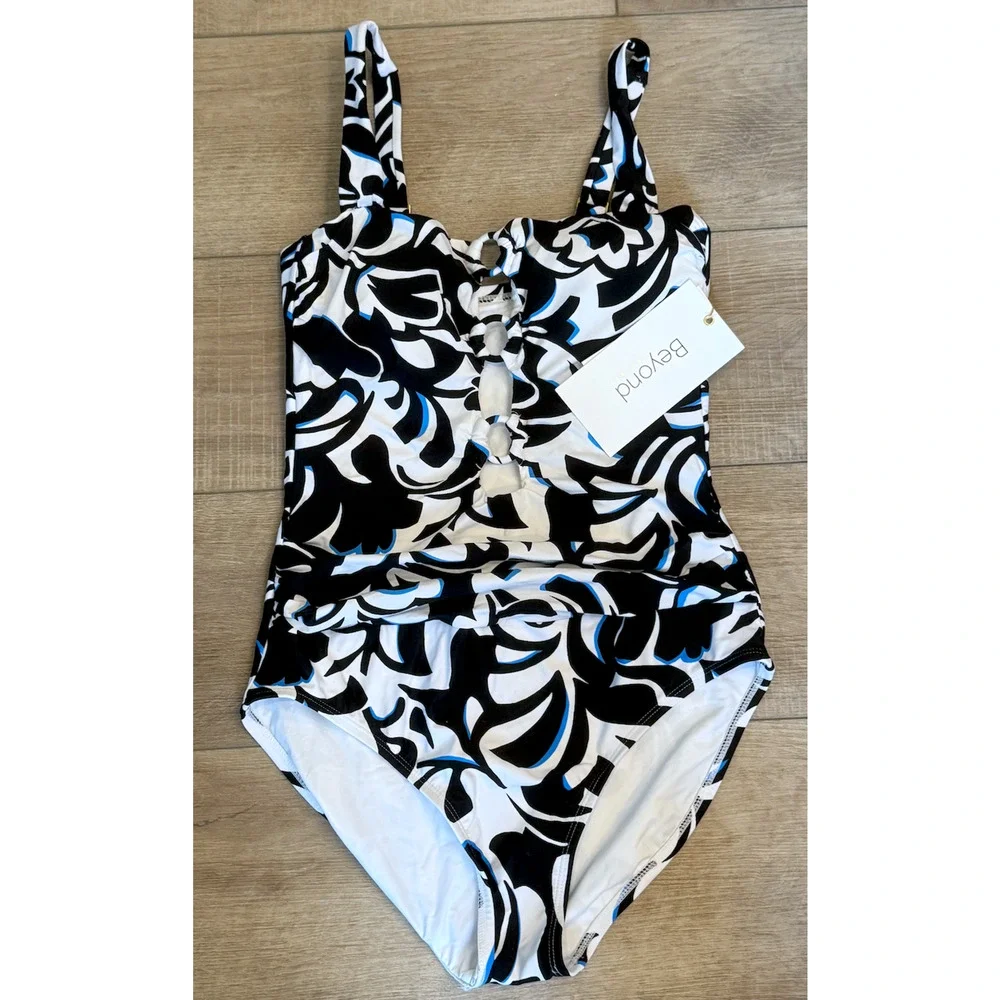 NWT BEYOND CONTROL BLACK MULTI OPPOSITES ATTRACT ONE PIECE SWIMSUIT SZ 8